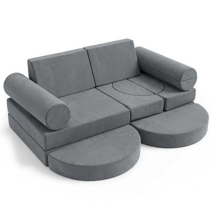 14-Piece Modular Kids Play Couch with Removable Cover-Grey