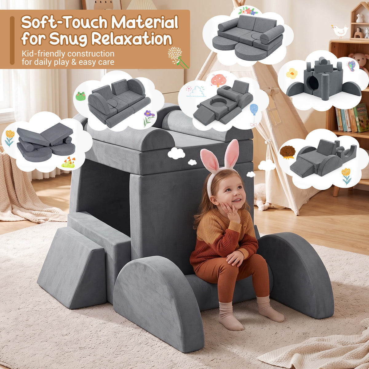 14-Piece Modular Kids Play Couch with Removable Cover-Grey