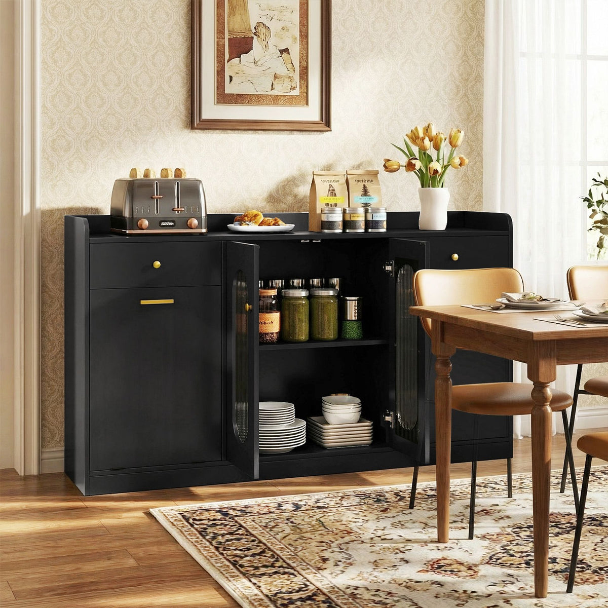 140 cm Buffet Cabinet with Tilt Out Trash Can and Glass Doors and Drawers for Kitchen-Black