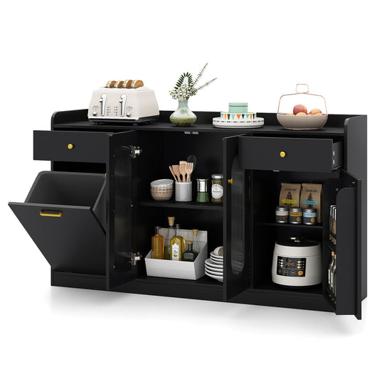140 cm Buffet Cabinet with Tilt Out Trash Can and Glass Doors and Drawers for Kitchen-Black