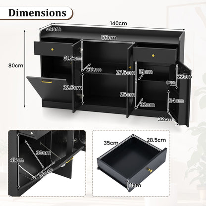 140 cm Buffet Cabinet with Tilt Out Trash Can and Glass Doors and Drawers for Kitchen-Black