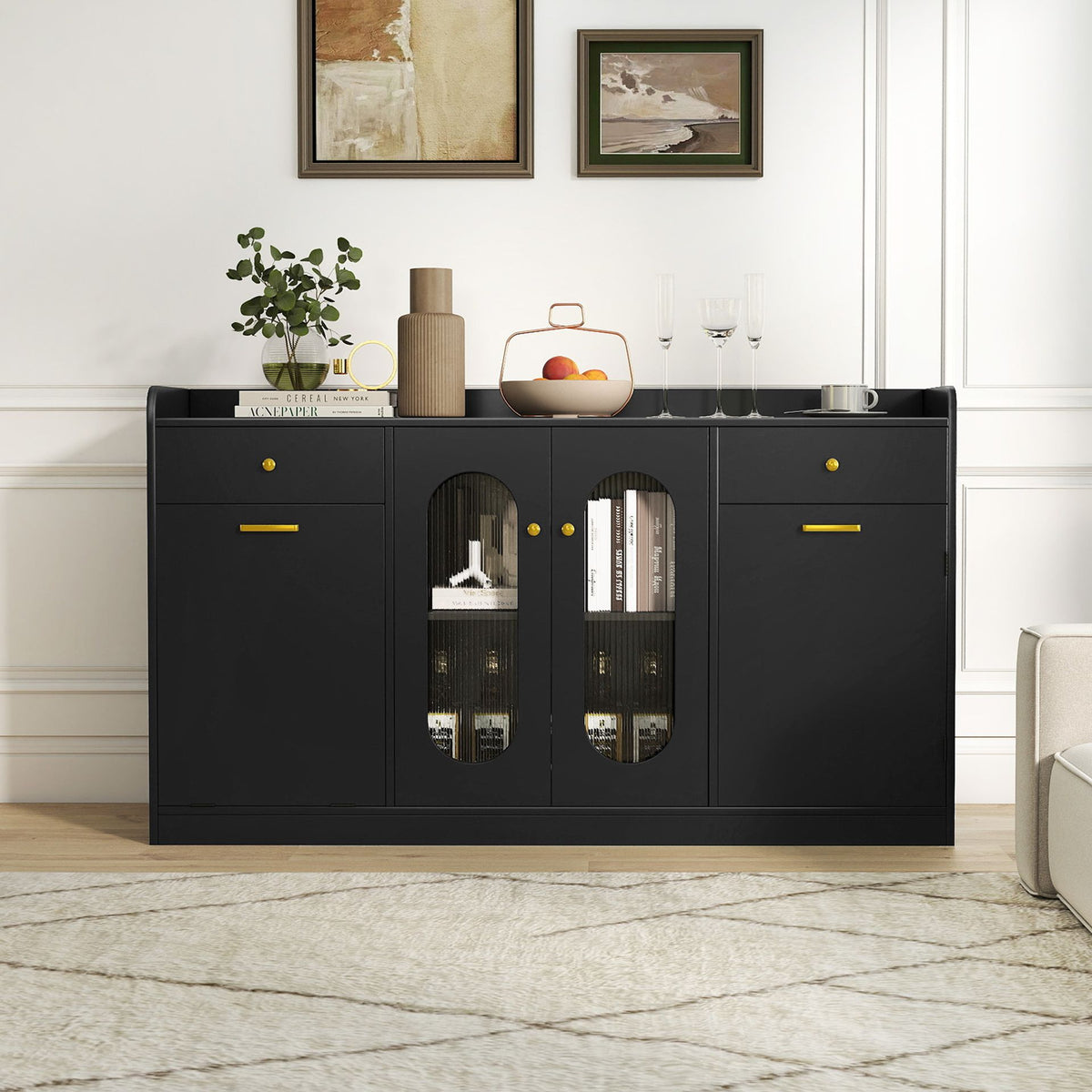 140 cm Buffet Cabinet with Tilt Out Trash Can and Glass Doors and Drawers for Kitchen-Black