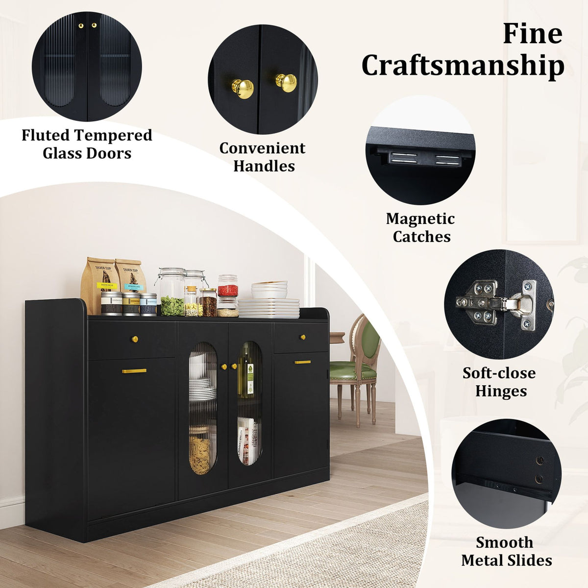 140 cm Buffet Cabinet with Tilt Out Trash Can and Glass Doors and Drawers for Kitchen-Black