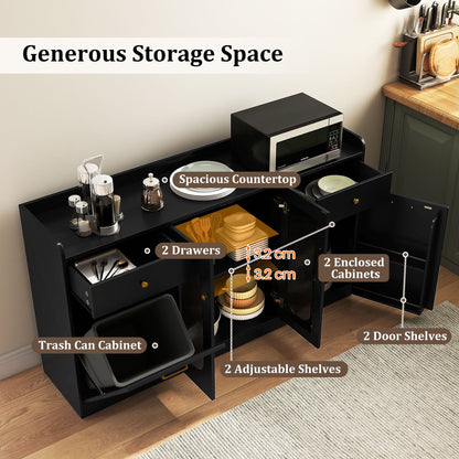 140 cm Buffet Cabinet with Tilt Out Trash Can and Glass Doors and Drawers for Kitchen-Black