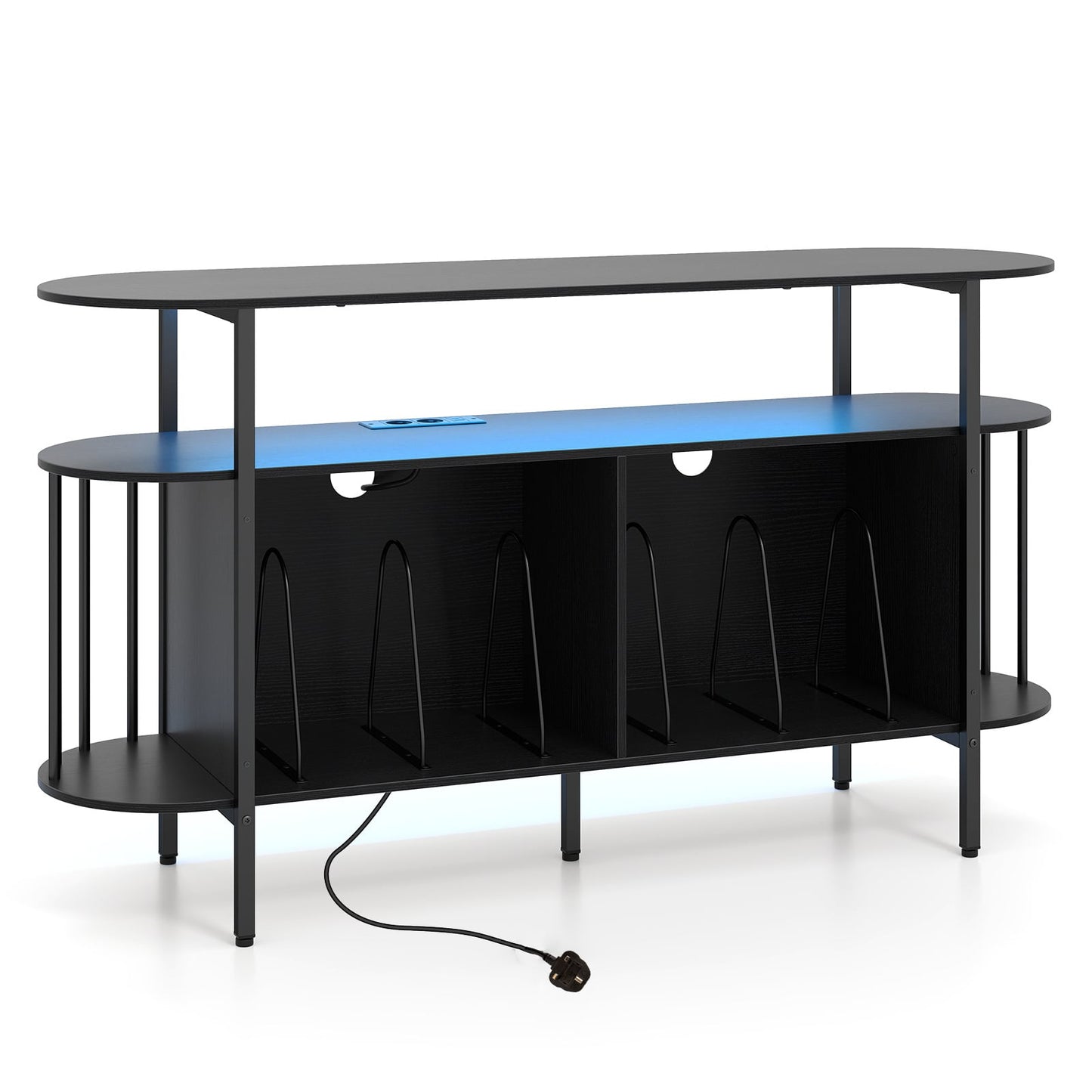 140 cm Record Player Stand with LED Lights & Power Outlets and 6 Dividers for Indoor-Black