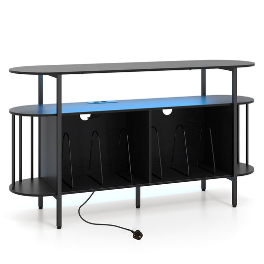 140 cm Record Player Stand with LED Lights & Power Outlets and 6 Dividers for Indoor-Black
