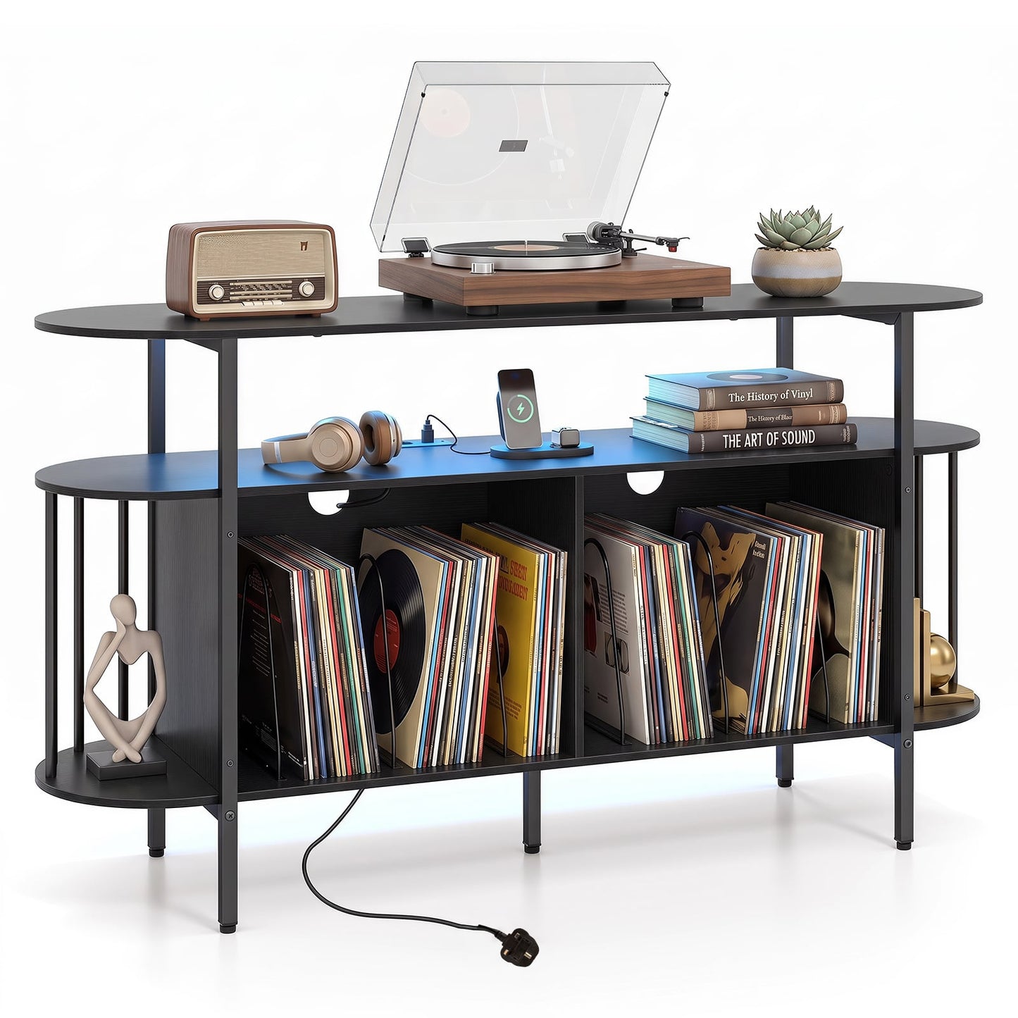 140 cm Record Player Stand with LED Lights & Power Outlets and 6 Dividers for Indoor-Black