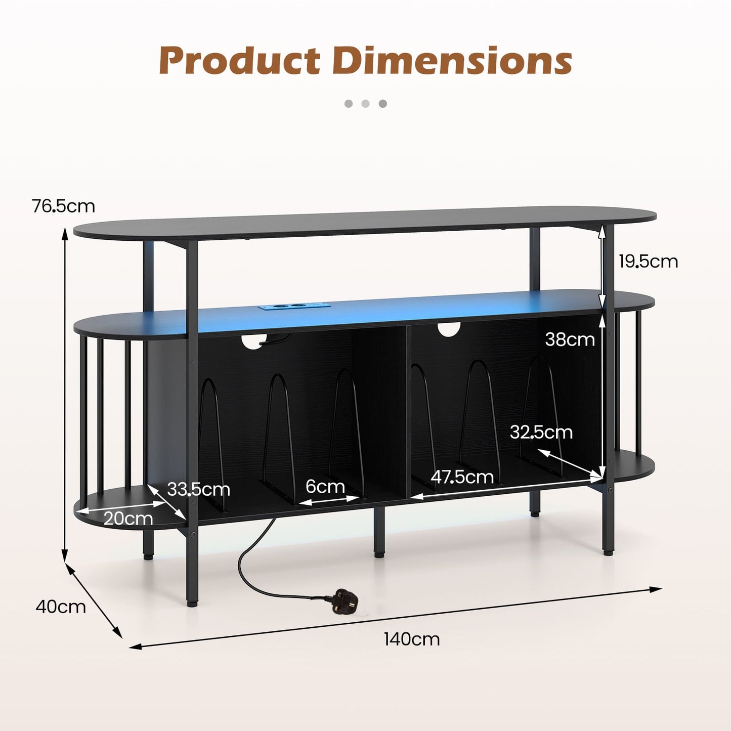 140 cm Record Player Stand with LED Lights & Power Outlets and 6 Dividers for Indoor-Black