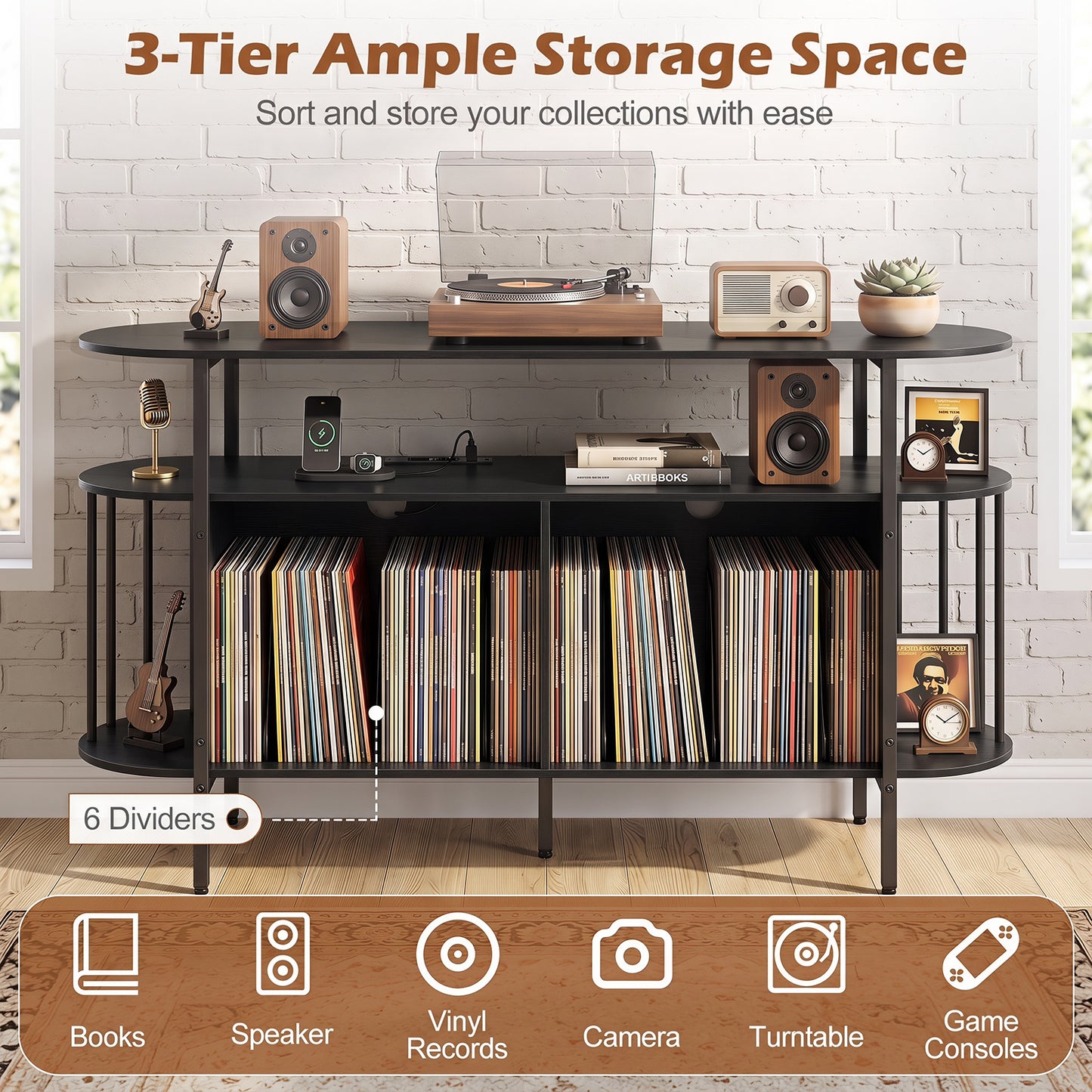 140 cm Record Player Stand with LED Lights & Power Outlets and 6 Dividers for Indoor-Black