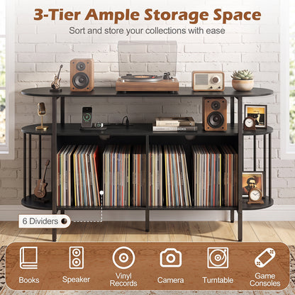 140 cm Record Player Stand with LED Lights & Power Outlets and 6 Dividers for Indoor-Black