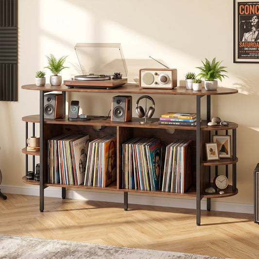 140 cm Record Player Stand with LED Lights & Power Outlets and 6 Dividers for Indoor-Rustic Brown