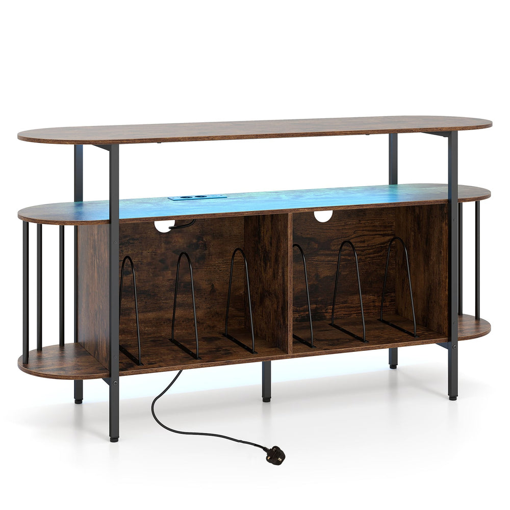 140 cm Record Player Stand with LED Lights & Power Outlets and 6 Dividers for Indoor-Rustic Brown