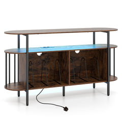 140 cm Record Player Stand with LED Lights & Power Outlets and 6 Dividers for Indoor-Rustic Brown