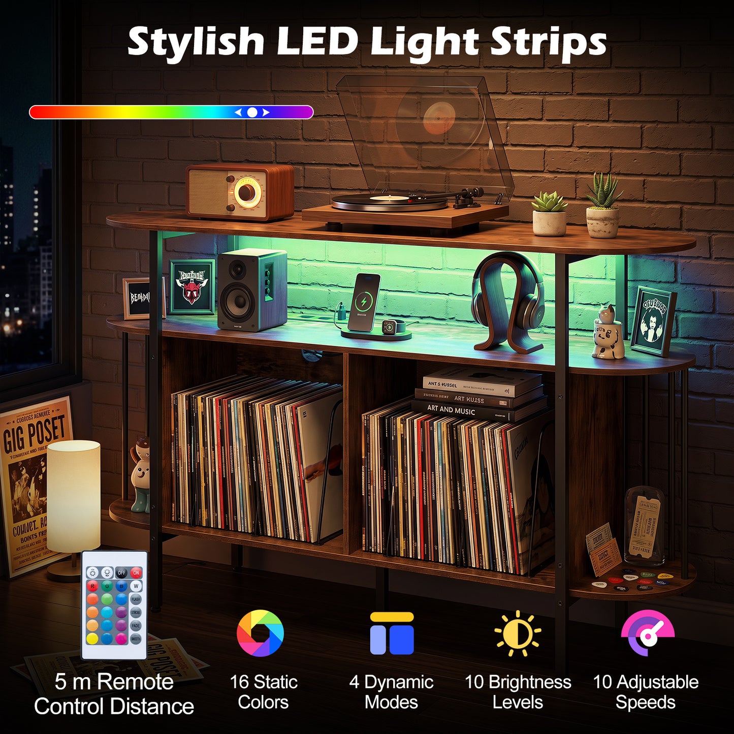 140 cm Record Player Stand with LED Lights & Power Outlets and 6 Dividers for Indoor-Rustic Brown