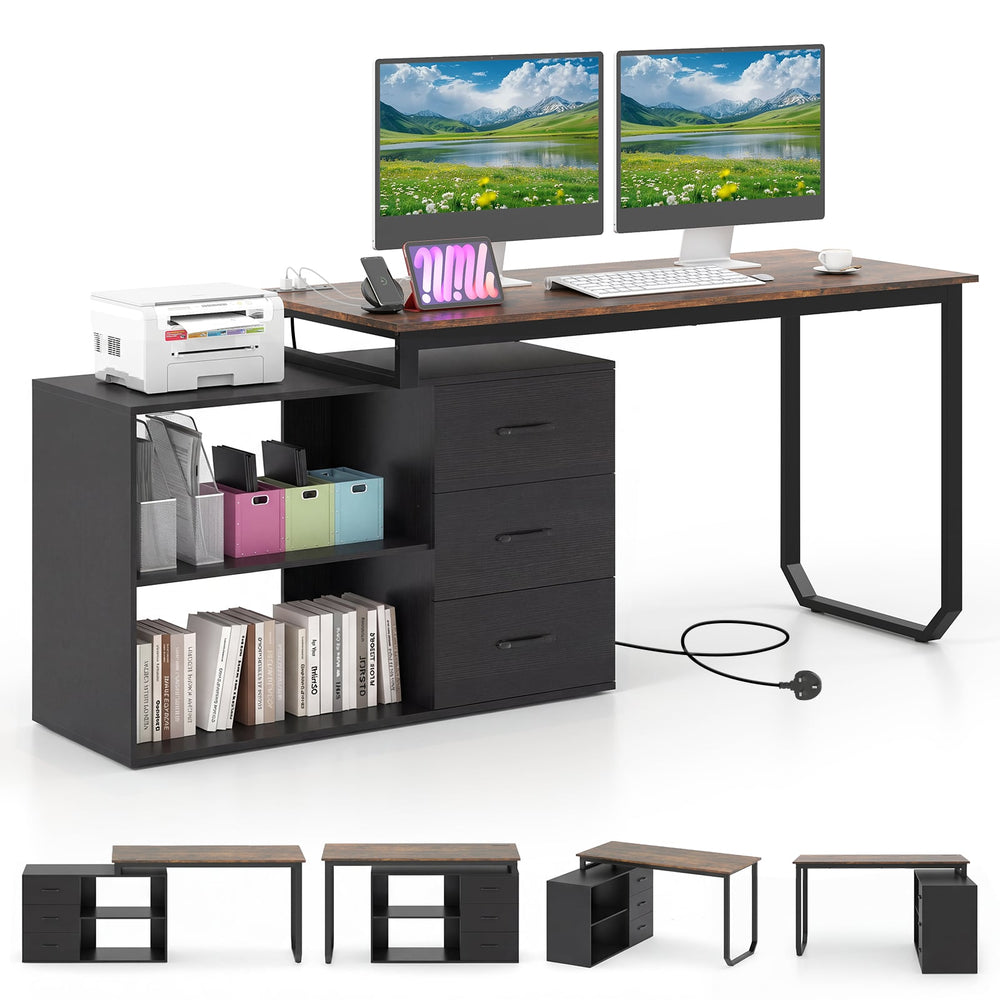 140 cm Reversible L Shaped Desk with 3 Drawers Home Office Desk-Brown