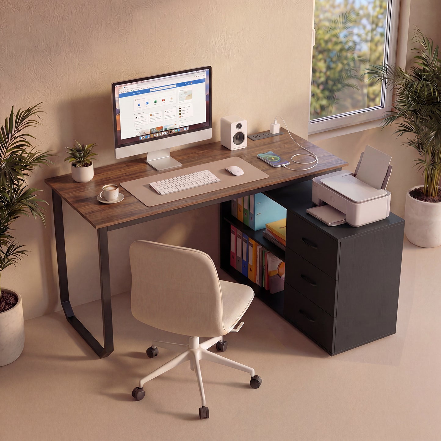 140 cm Reversible L Shaped Desk with 3 Drawers Home Office Desk-Brown