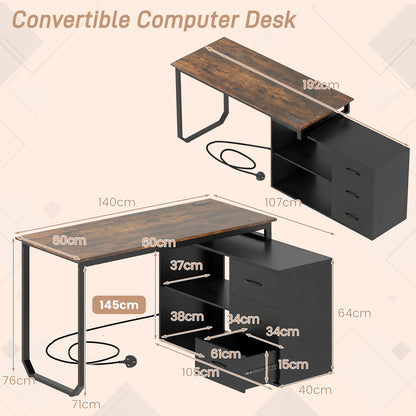 140 cm Reversible L Shaped Desk with 3 Drawers Home Office Desk-Brown