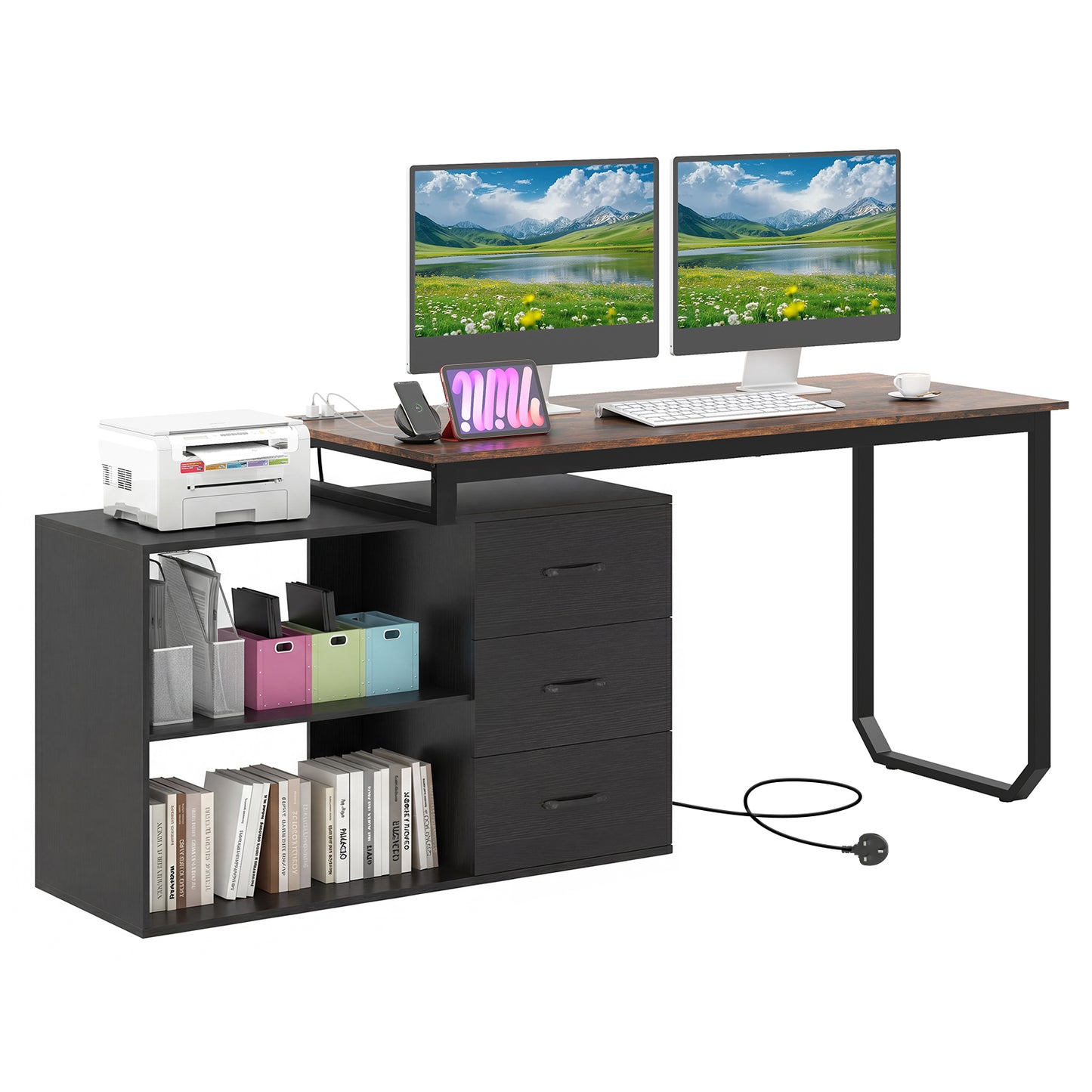 140 cm Reversible L Shaped Desk with 3 Drawers Home Office Desk-Brown