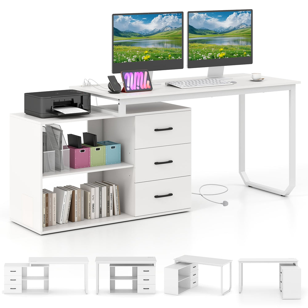 140 cm Reversible L Shaped Desk with 3 Drawers Home Office Desk-White