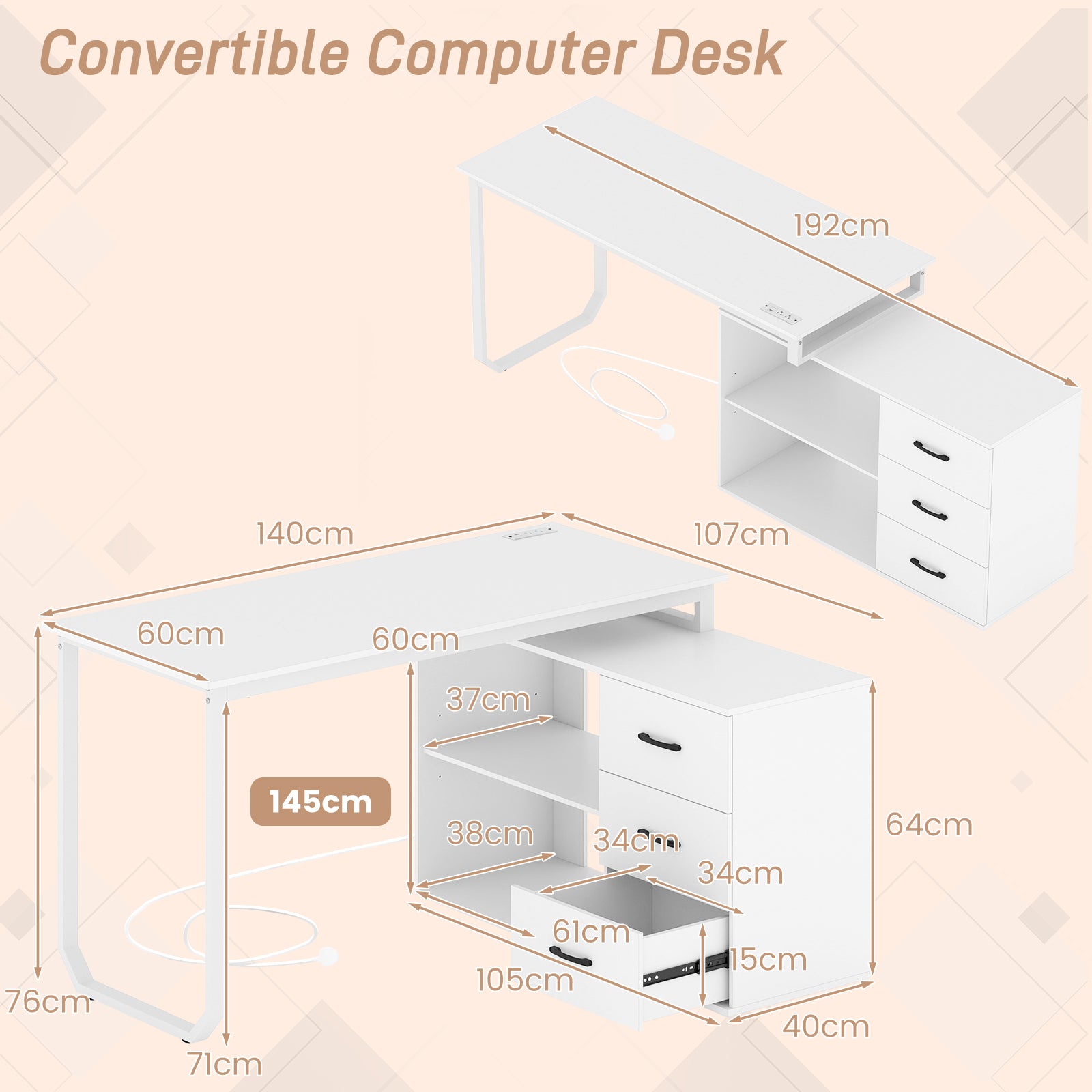 140 cm Reversible L Shaped Desk with 3 Drawers Home Office Desk-White