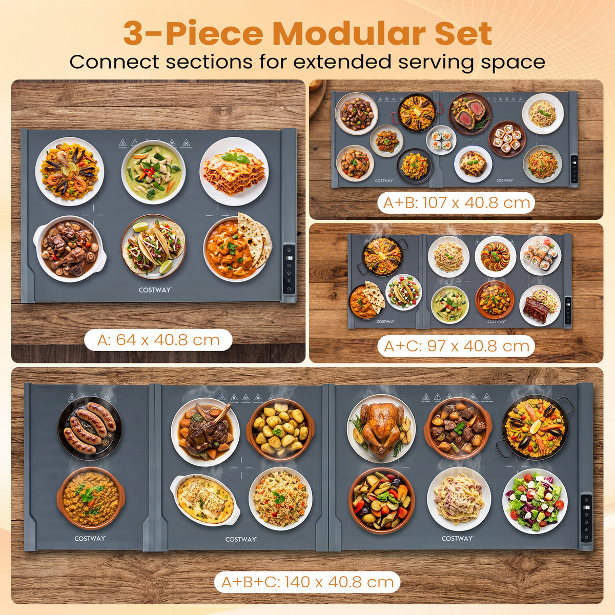 140 x 40.8 cm Expandable Food Warming Mat with 7 Temp and 4H Timer-Grey