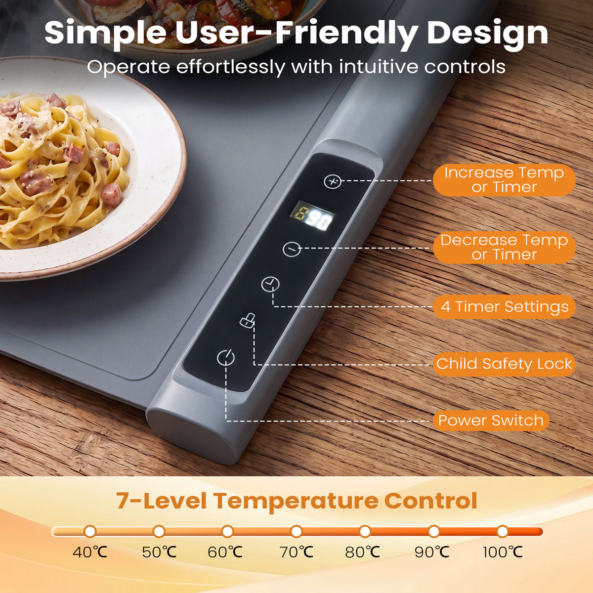140 x 40.8 cm Expandable Food Warming Mat with 7 Temp and 4H Timer-Grey