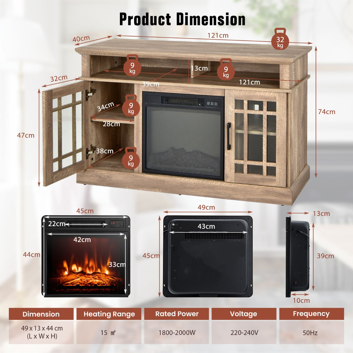 1400W Electric Fireplace with Mantel for TVs up to 55 Inches-Natural