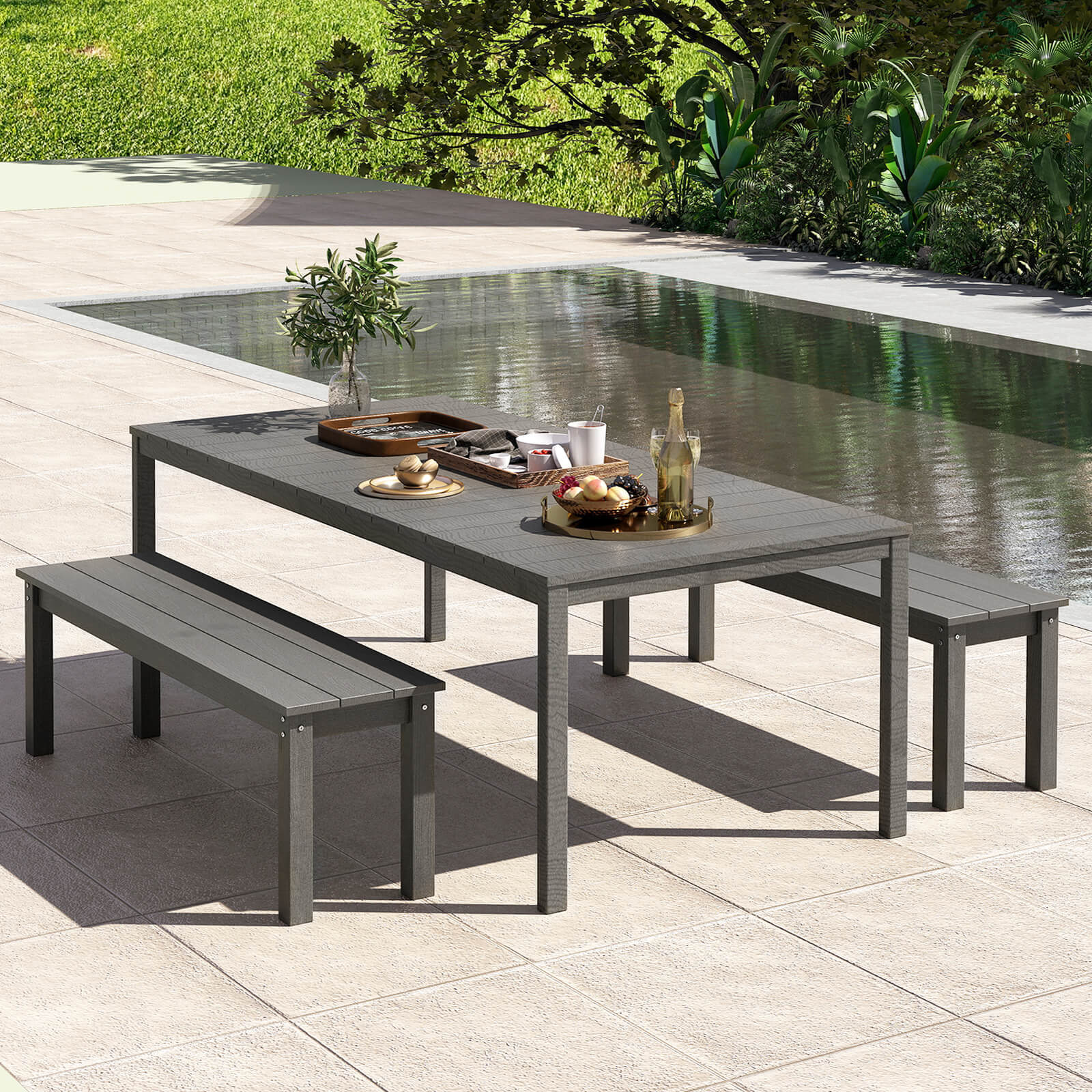 140CM HDPE Outdoor Bench Backless Patio Garden Bench for 2-3 People-Grey