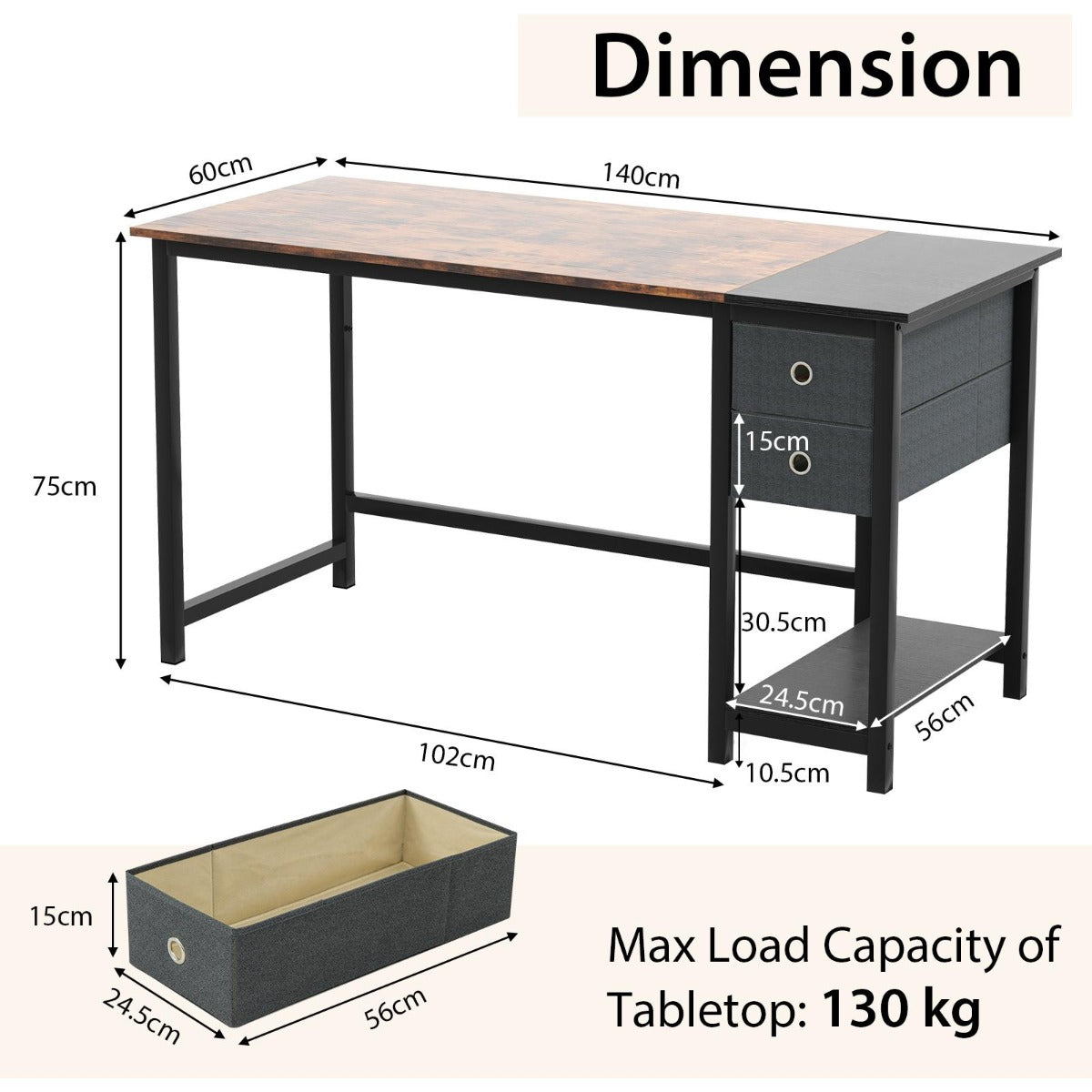 48/55-Inch Home Office Desk with 2 Drawers Hanging Hook-55 Inch