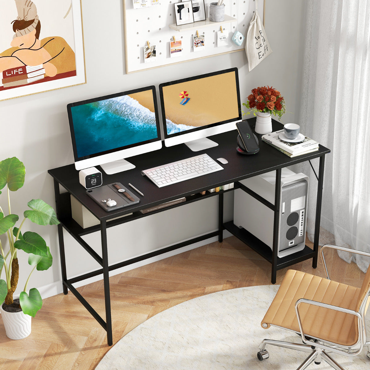 140 x 60 CM Computer Desk with Charging Station Home Office PC Desk with 4 Power Outlets and 2 USB Ports-Black