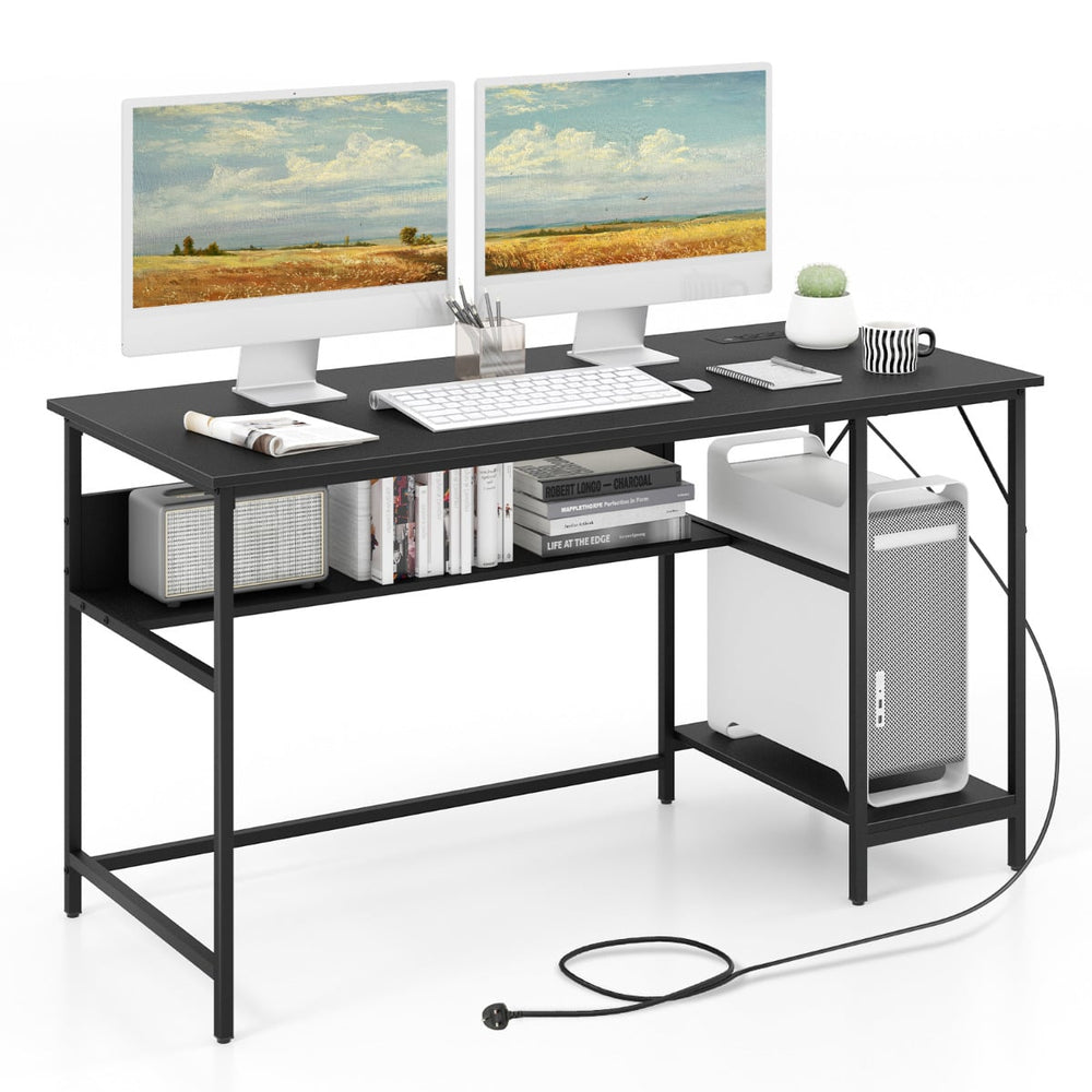 140 x 60 CM Computer Desk with Charging Station Home Office PC Desk with 4 Power Outlets and 2 USB Ports-Black