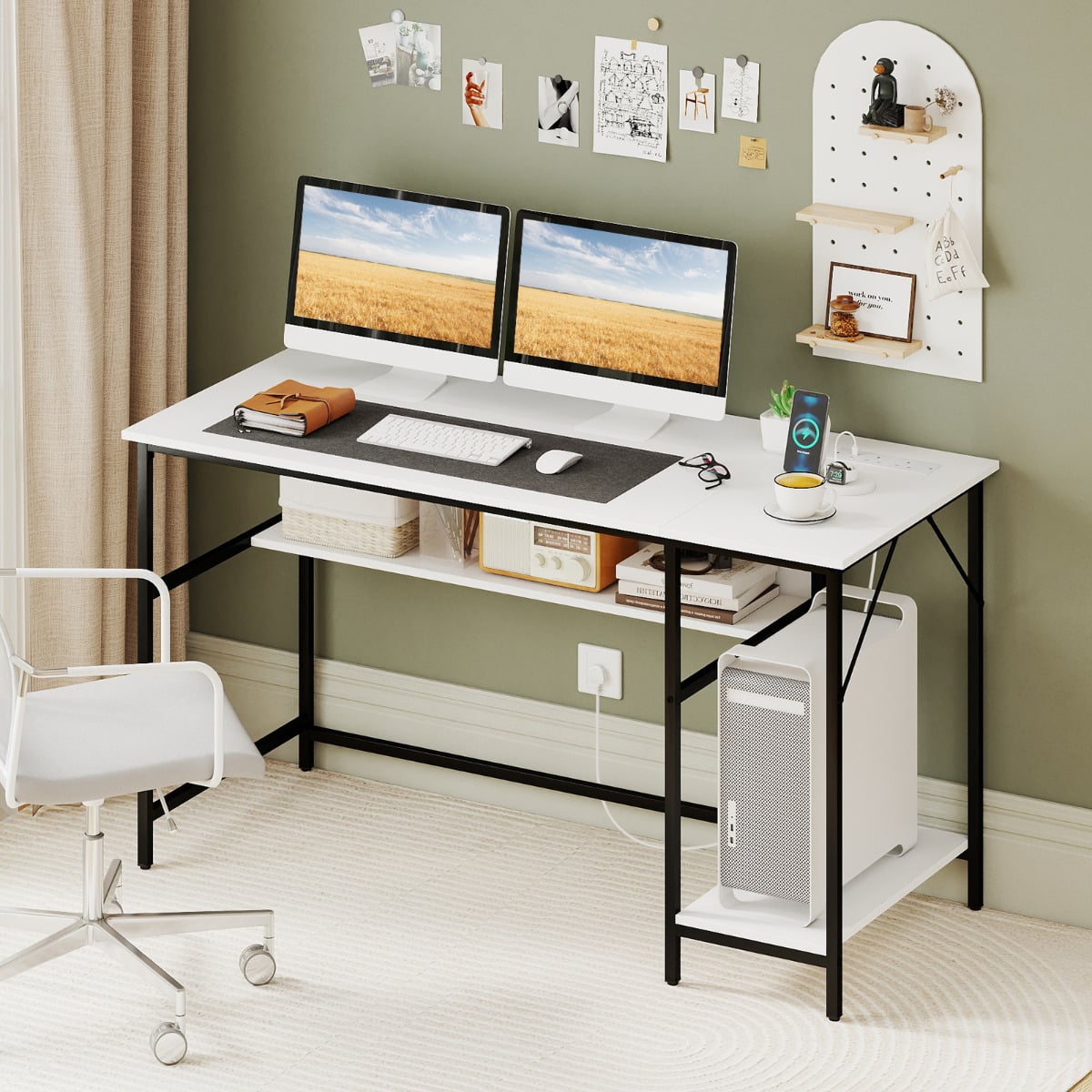 140 x 60 CM Computer Desk with Charging Station Home Office PC Desk with 4 Power Outlets and 2 USB Ports-White