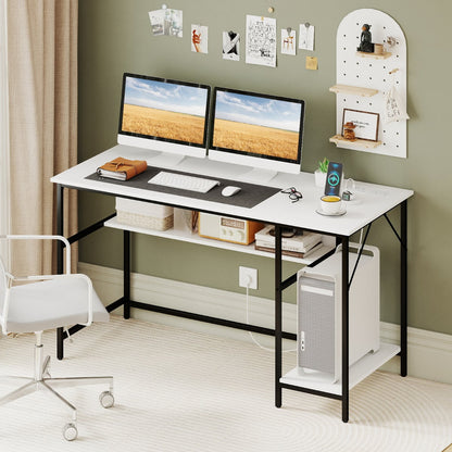 140 x 60 CM Computer Desk with Charging Station Home Office PC Desk with 4 Power Outlets and 2 USB Ports-White