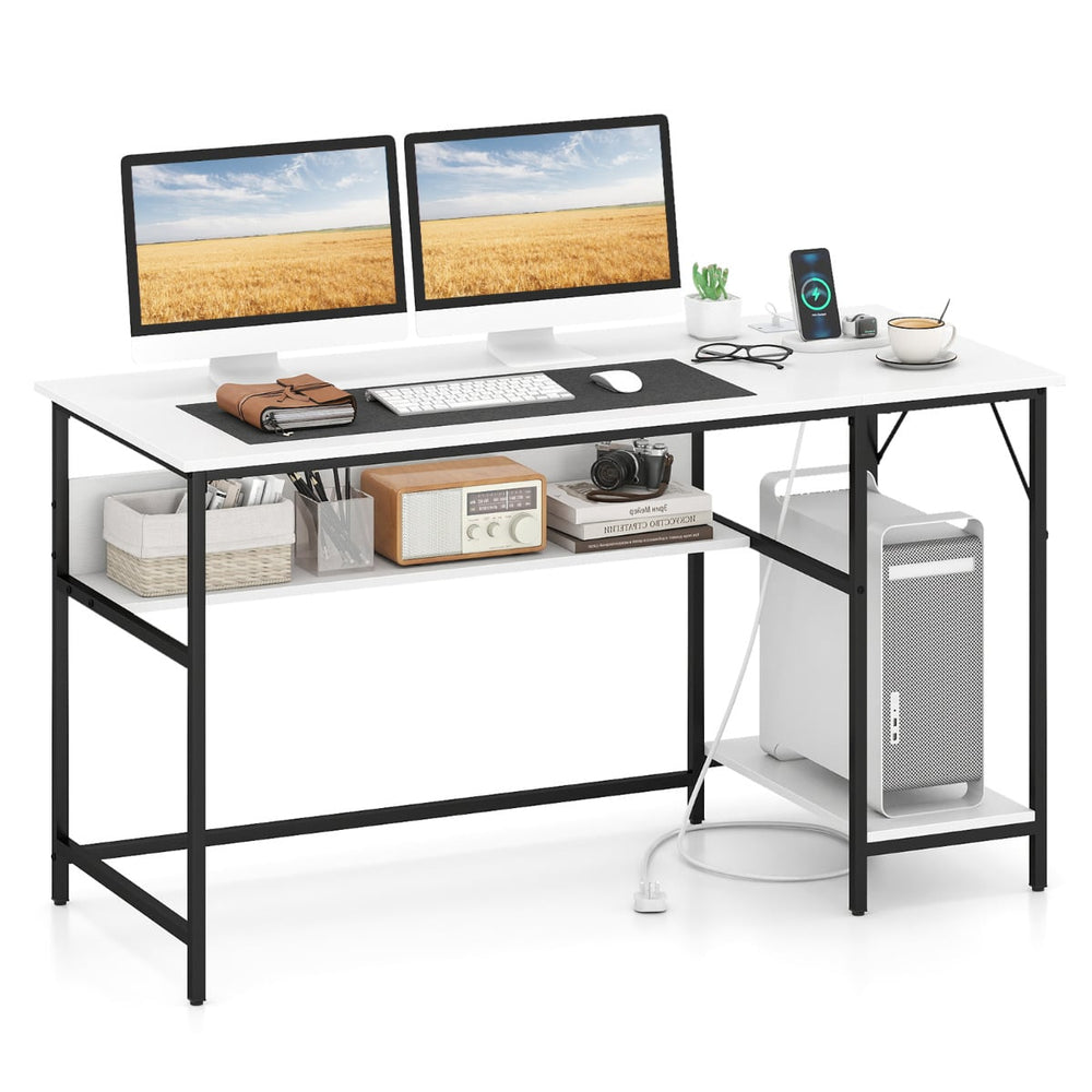 140 x 60 CM Computer Desk with Charging Station Home Office PC Desk with 4 Power Outlets and 2 USB Ports-White