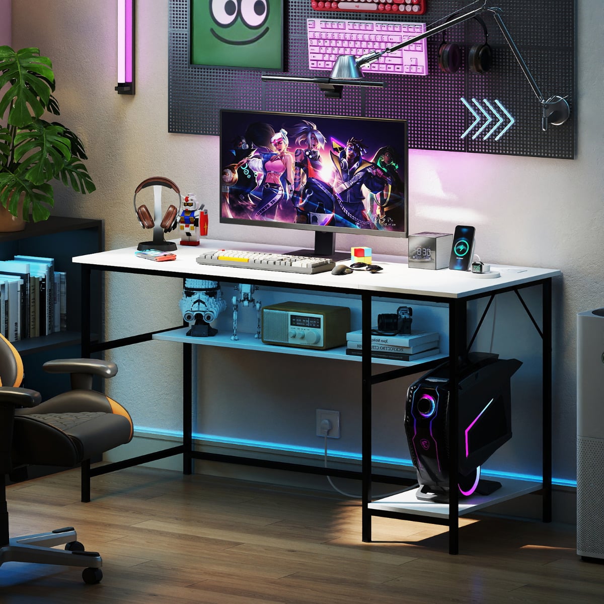 140 x 60 CM Computer Desk with Charging Station Home Office PC Desk with 4 Power Outlets and 2 USB Ports-White