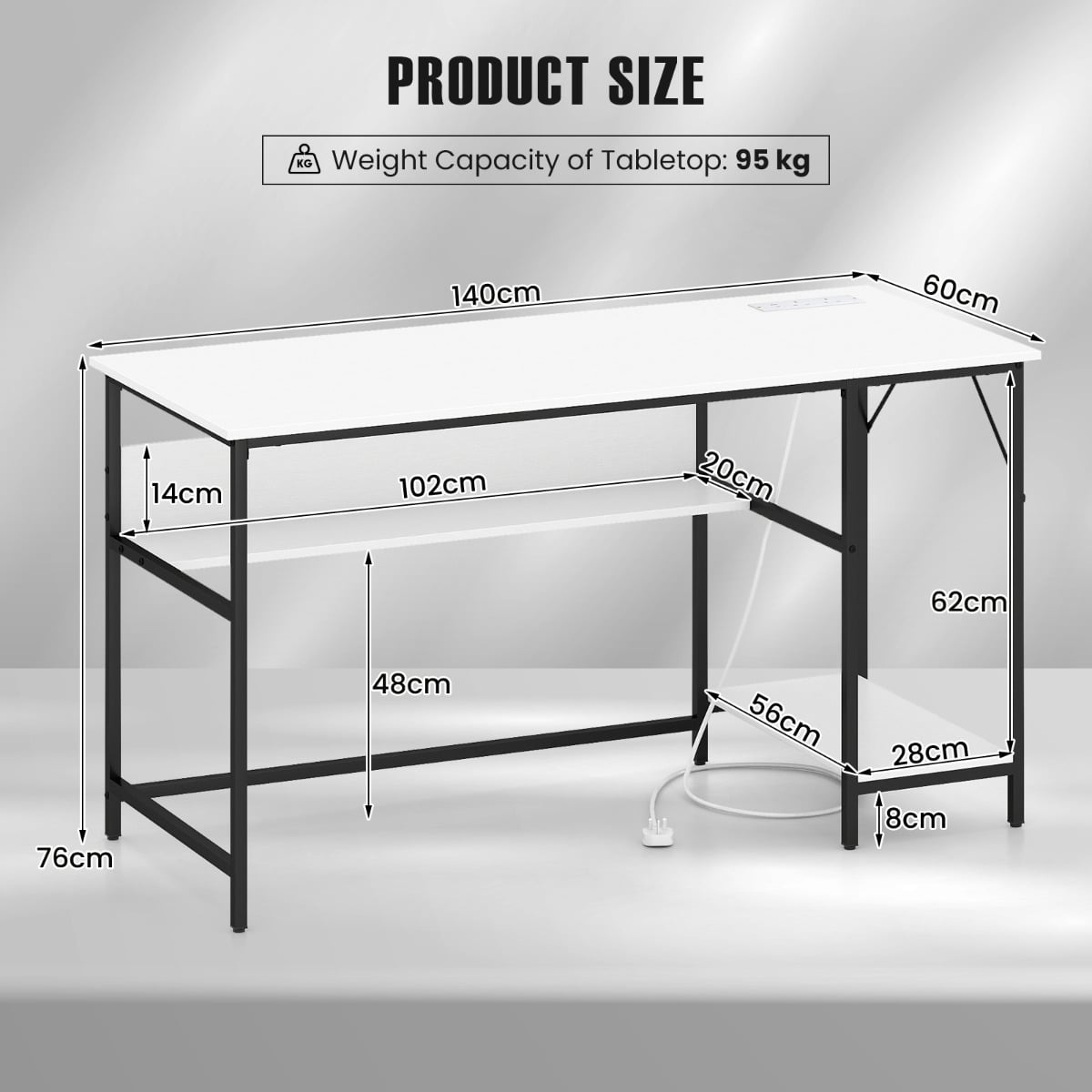 140 x 60 CM Computer Desk with Charging Station Home Office PC Desk with 4 Power Outlets and 2 USB Ports-White