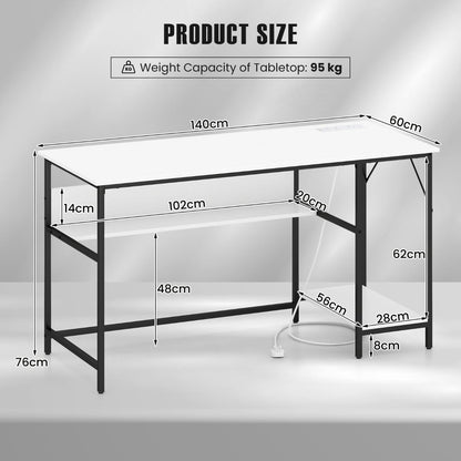140 x 60 CM Computer Desk with Charging Station Home Office PC Desk with 4 Power Outlets and 2 USB Ports-White