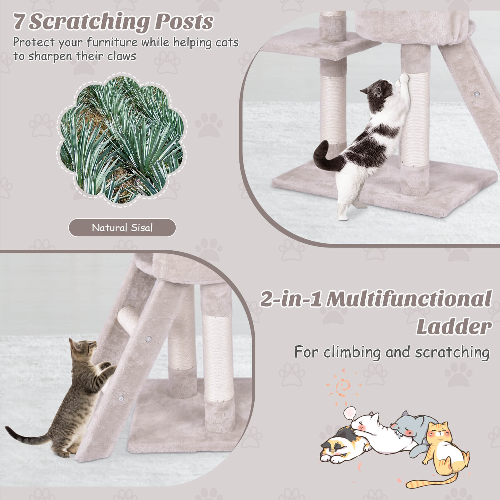 140cm Cat Tree Climbing Tower with Scratching Sisal Posts-Beige
