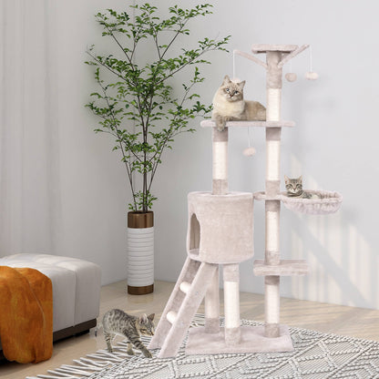 140cm Cat Tree Climbing Tower with Scratching Sisal Posts-Beige