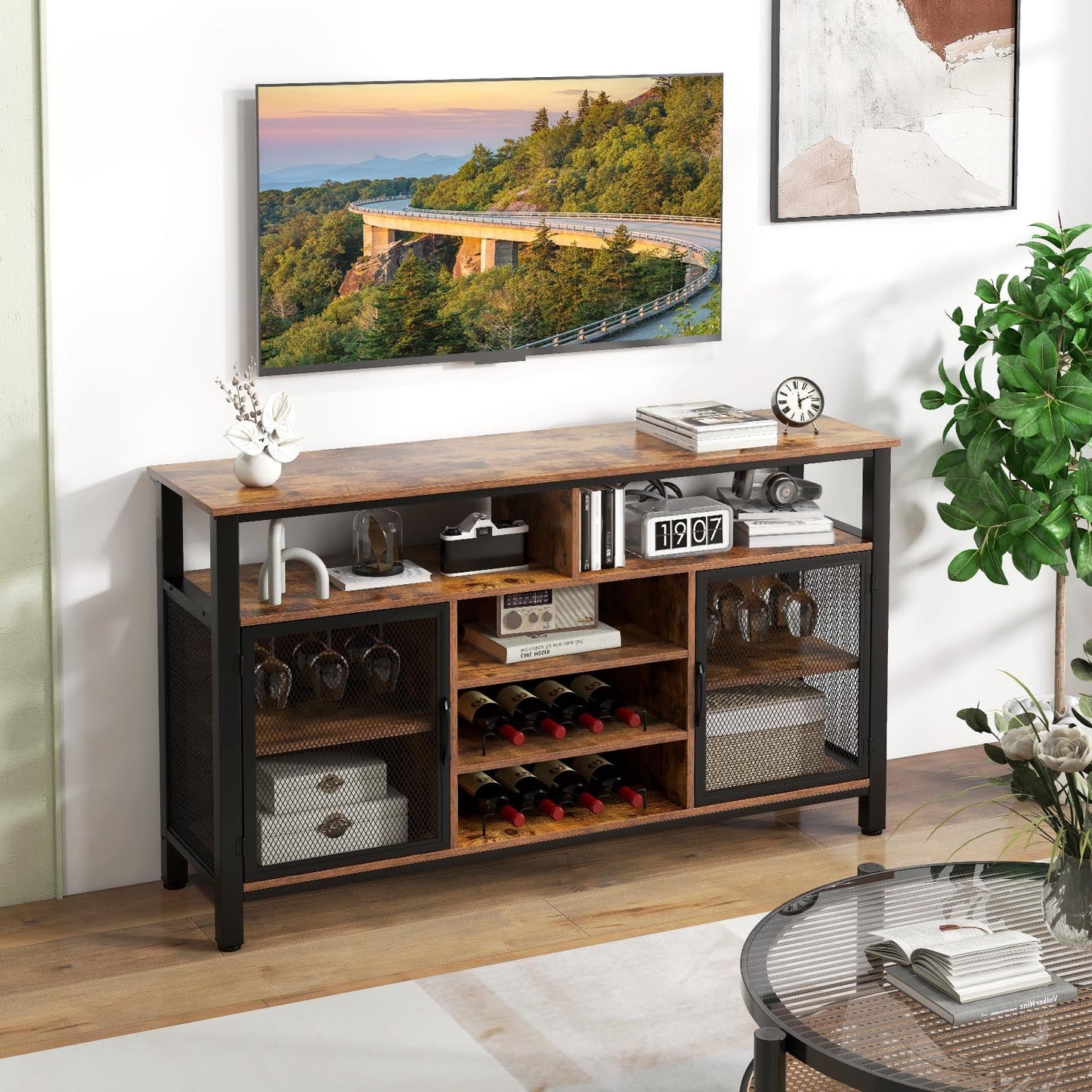 140cm Buffet Sideboard with 8-Bottle Wine Racks and 6 Rows of Wine Glass Holders-Rustic Brown