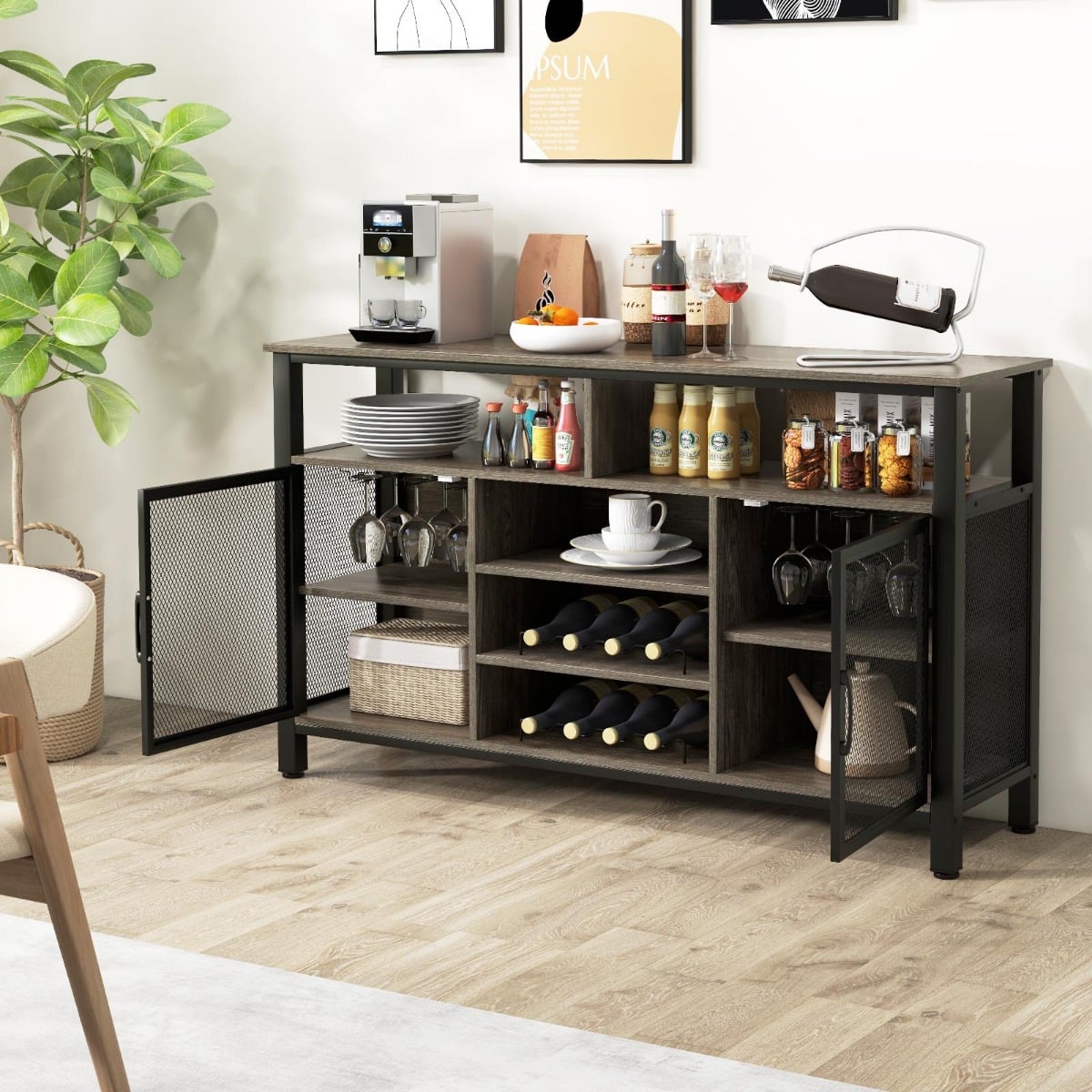 140cm Buffet Sideboard with 8-Bottle Wine Racks and 6 Rows of Wine Glass Holders-Grey