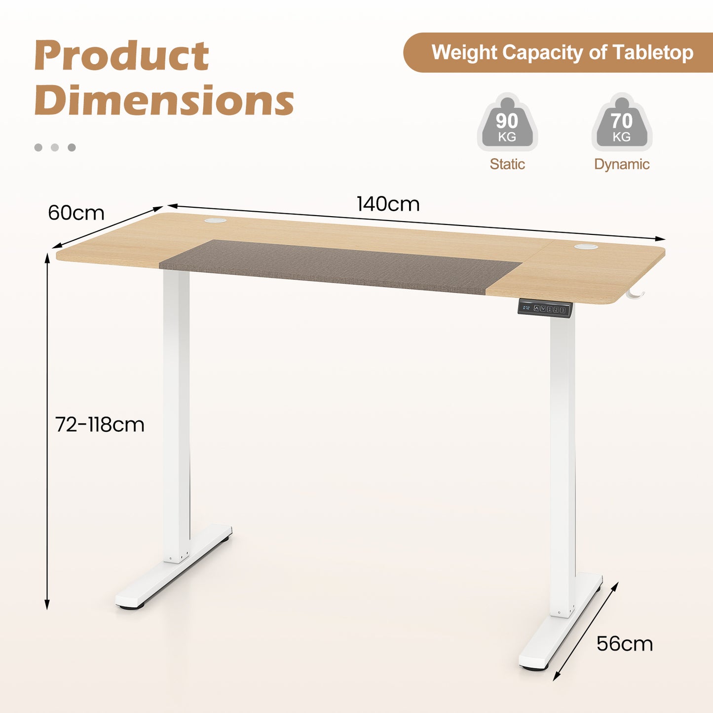 140x60 CM Electric Standing Desk with 3 Memory Heights & LED Panel for Home Office-Natural
