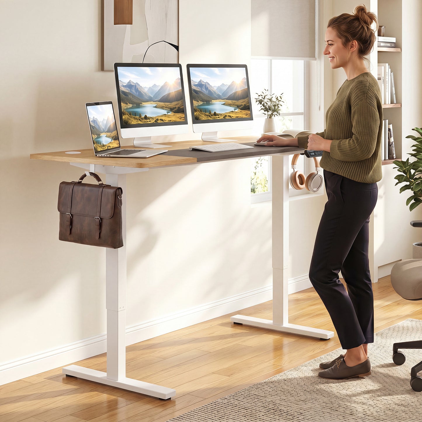 140x60 CM Electric Standing Desk with 3 Memory Heights & LED Panel for Home Office-Natural