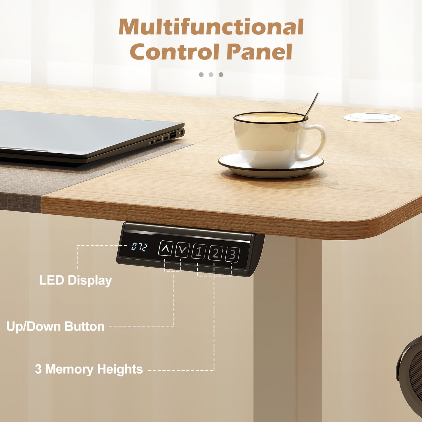 140x60 CM Electric Standing Desk with 3 Memory Heights & LED Panel for Home Office-Natural