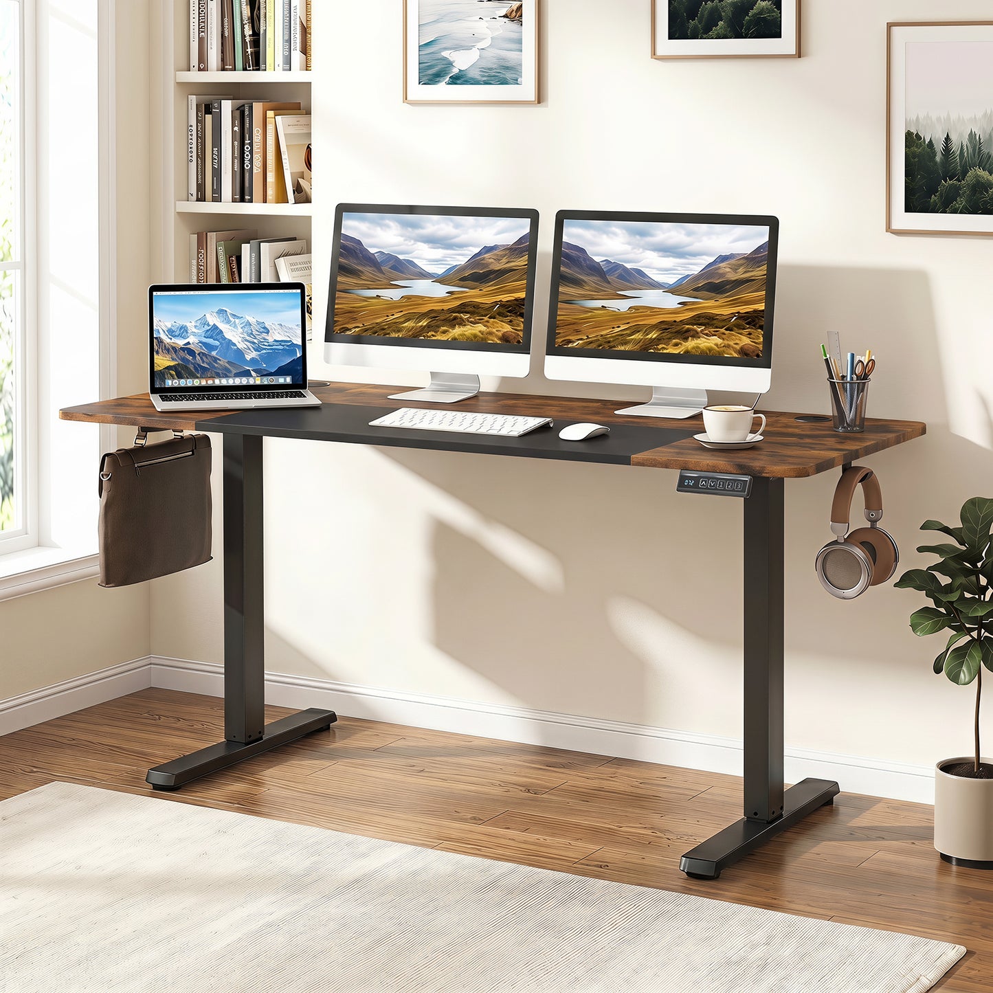 140x60 CM Electric Standing Desk with 3 Memory Heights & LED Panel for Home Office-Rustic Brown