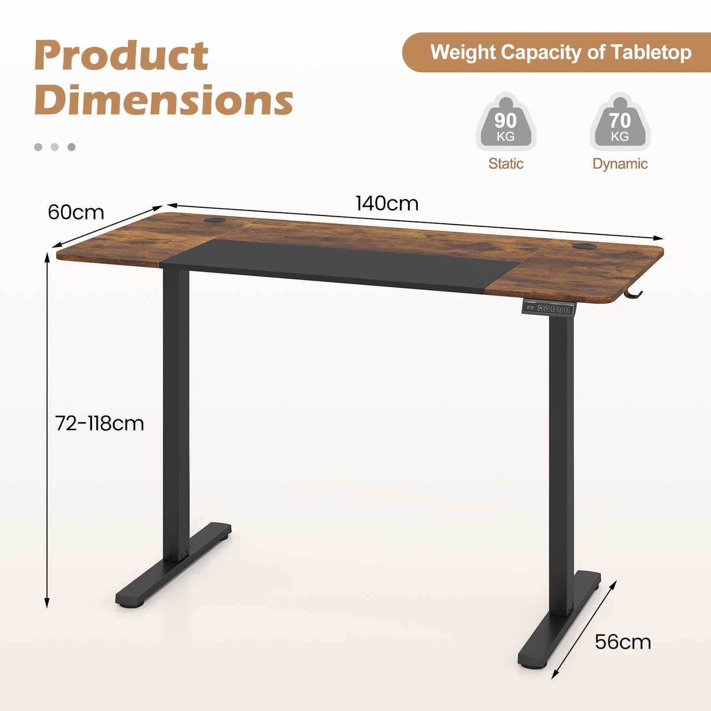 140x60 CM Electric Standing Desk with 3 Memory Heights & LED Panel for Home Office-Rustic Brown
