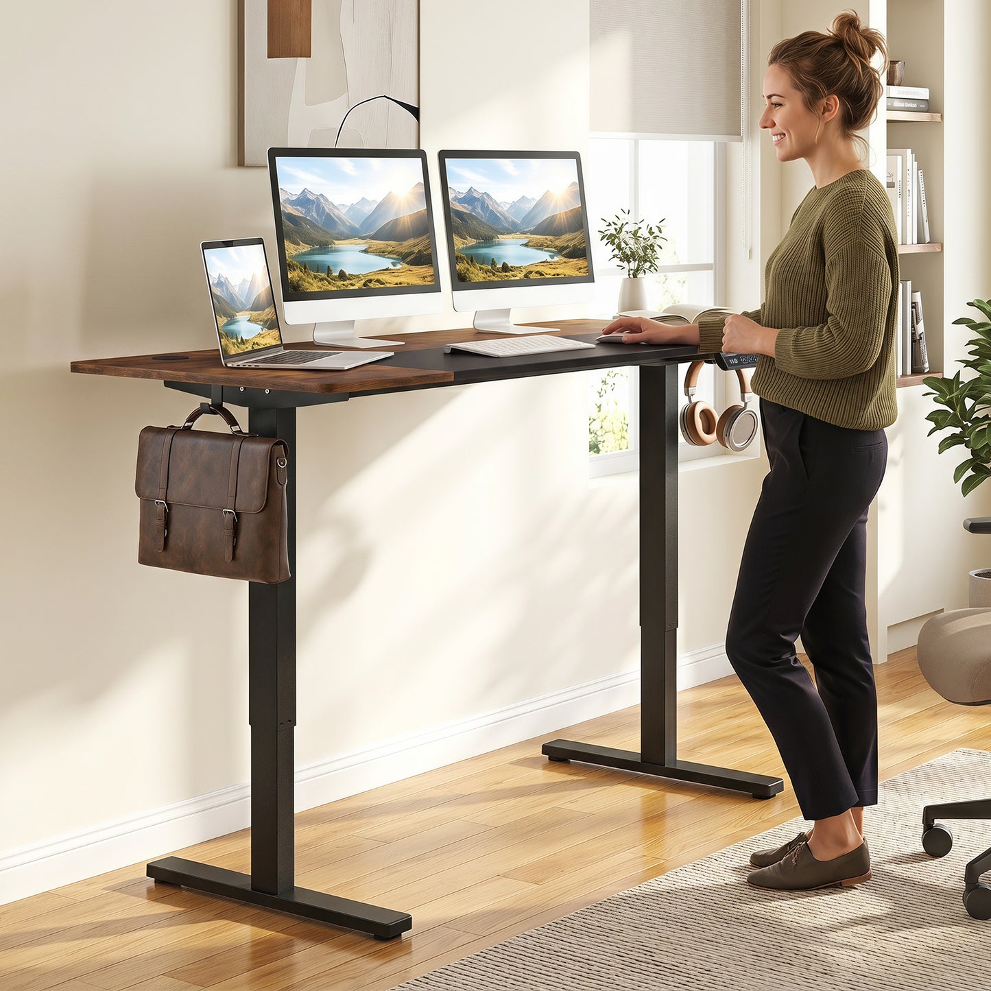 140x60 CM Electric Standing Desk with 3 Memory Heights & LED Panel for Home Office-Rustic Brown