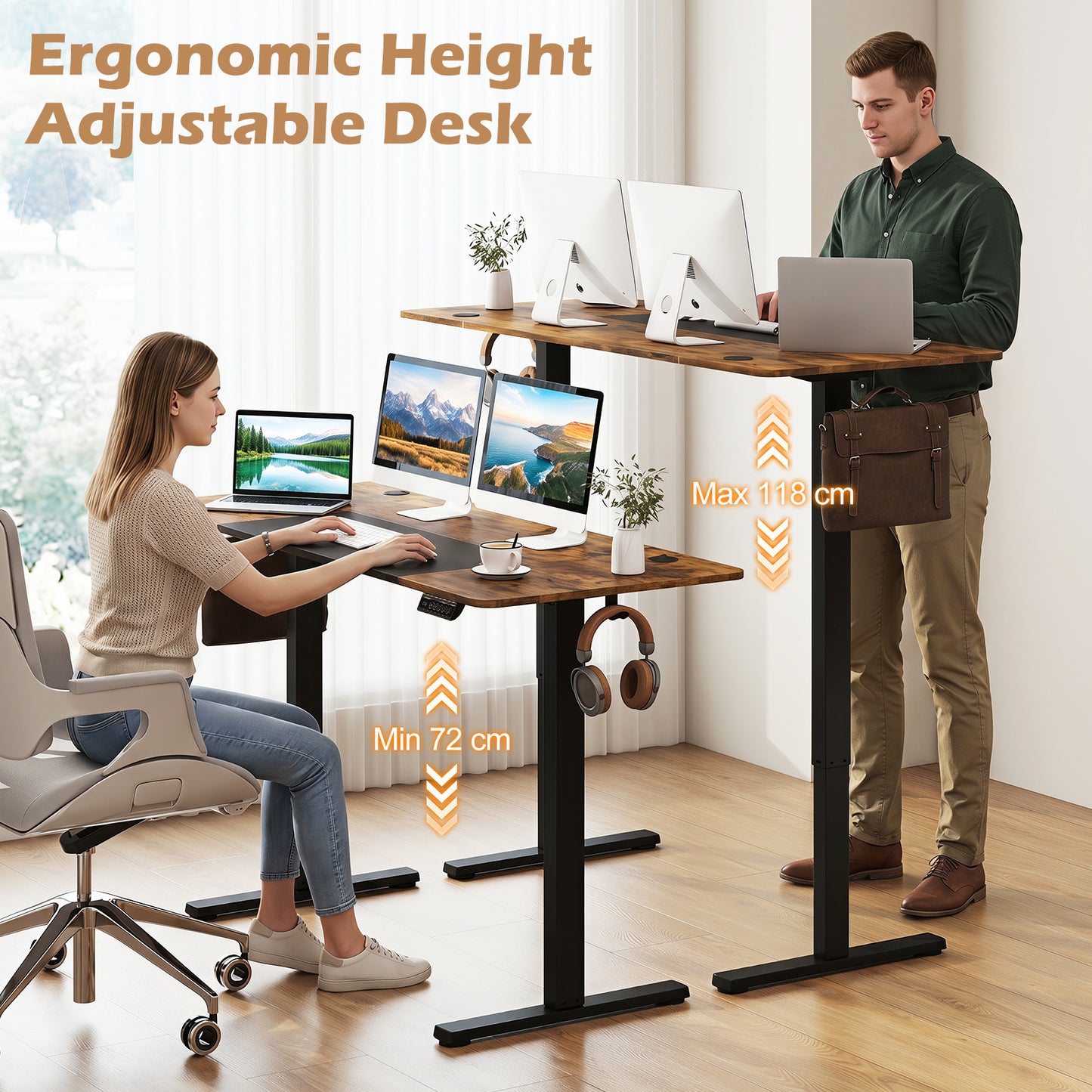 140x60 CM Electric Standing Desk with 3 Memory Heights & LED Panel for Home Office-Rustic Brown
