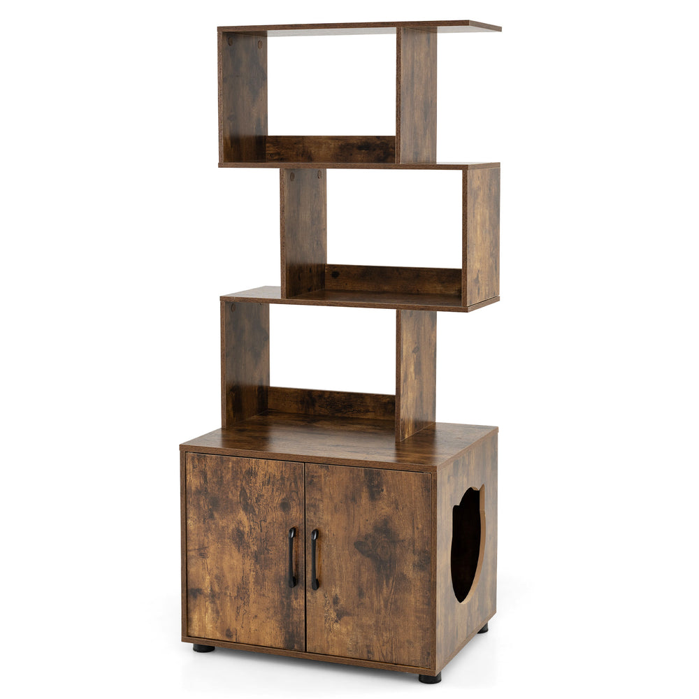 141 CM Tall Cat Litter Box Enclosure with 3 Open Shelves & Side Entry for Indoor-Rustic Brown