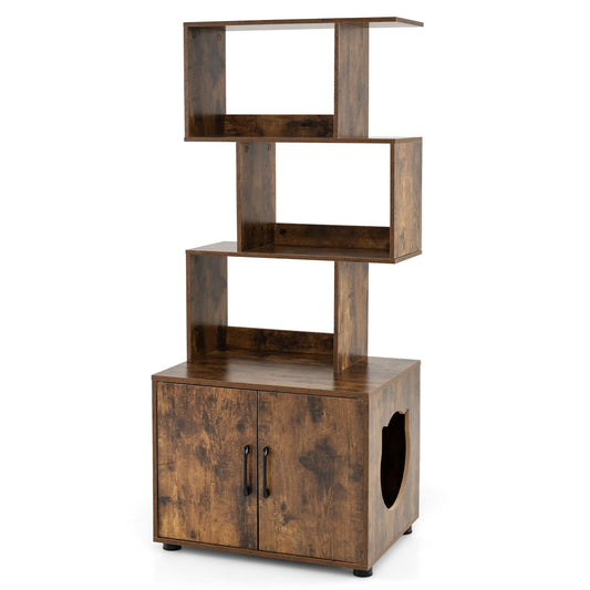 141 CM Tall Cat Litter Box Enclosure with 3 Open Shelves & Side Entry for Indoor-Rustic Brown